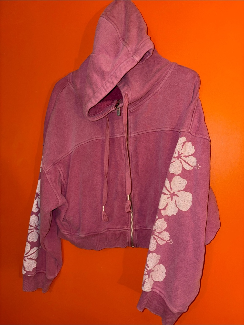 Roxy Pink Hibiscus Zip-Up Hoodie with White Floral Sleeves 100 Percent Cotton